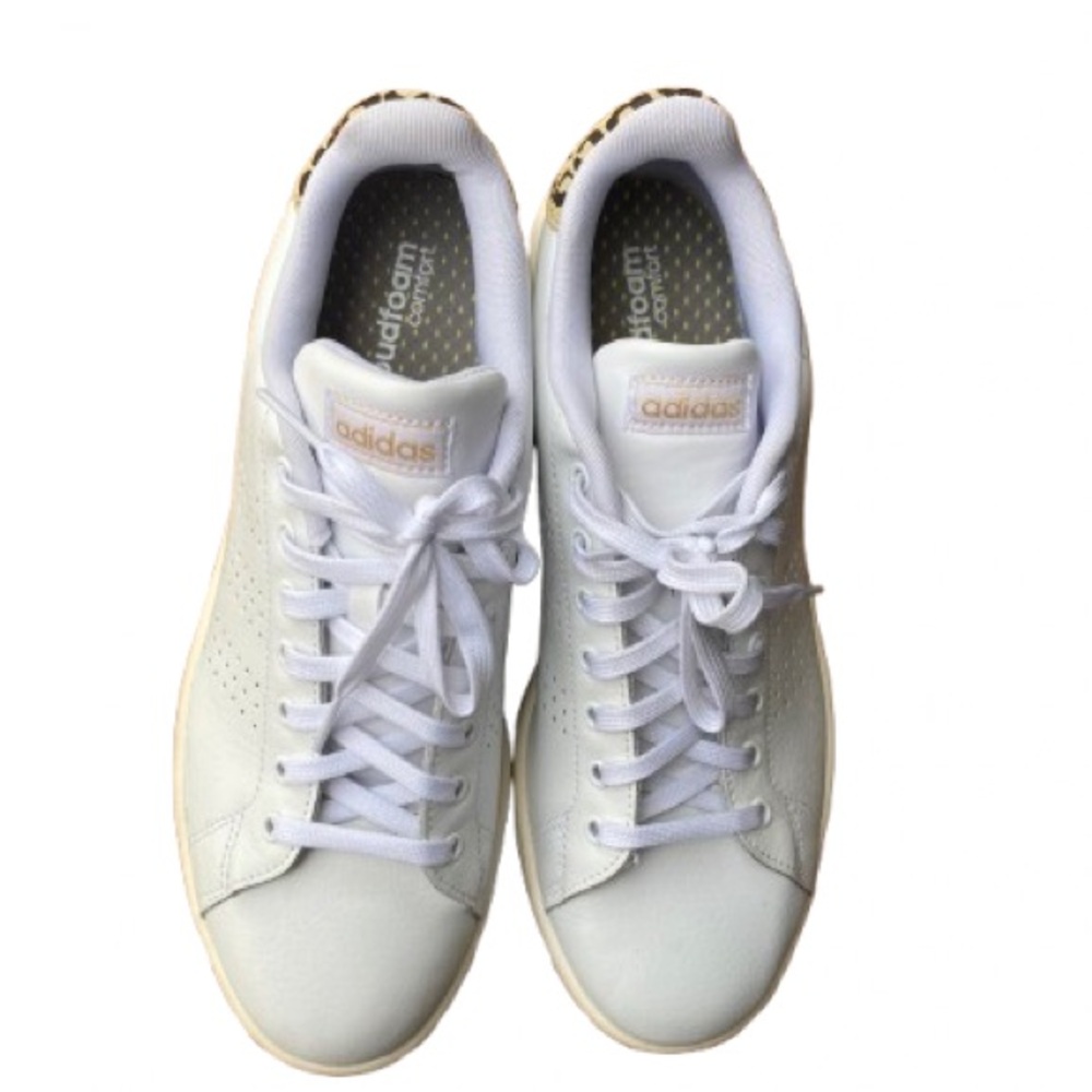 Adidas White Sneakers w/ Cheetah Print Heel & Cloudfoam Comfort Women’s 11